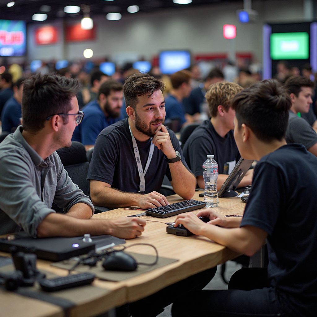 Game developers collaborating at the Austin Showcase